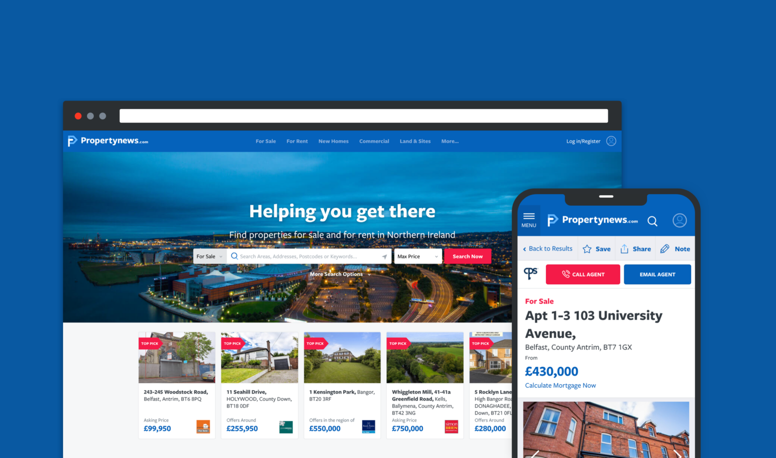 a screenshot of the propertynews homepage and mobile app