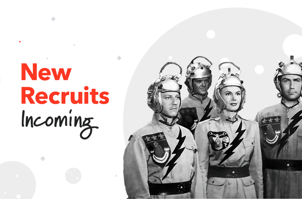 Image with 4 people wearing retro space uniforms and the words New Recruits Incoming