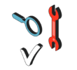 colourful isometric illustration of a spanner, magnifying glass and tick