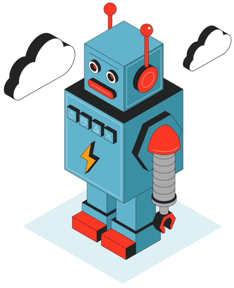 colourful isometric illustration of a retro robot