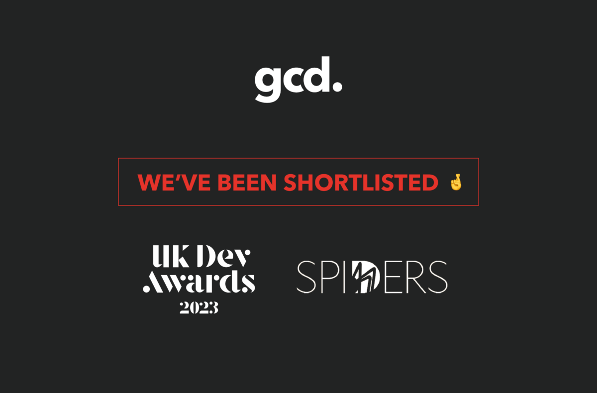 black background with gcd logo, uk dev awards logo and spiders logo
