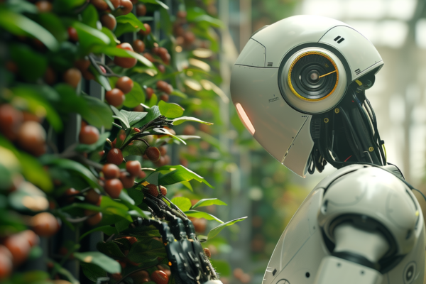 highly detailed humanoid robot engaged in what appears to be an interaction with a plant