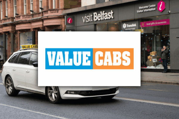 Value Cabs logo with image of a taxi in the background